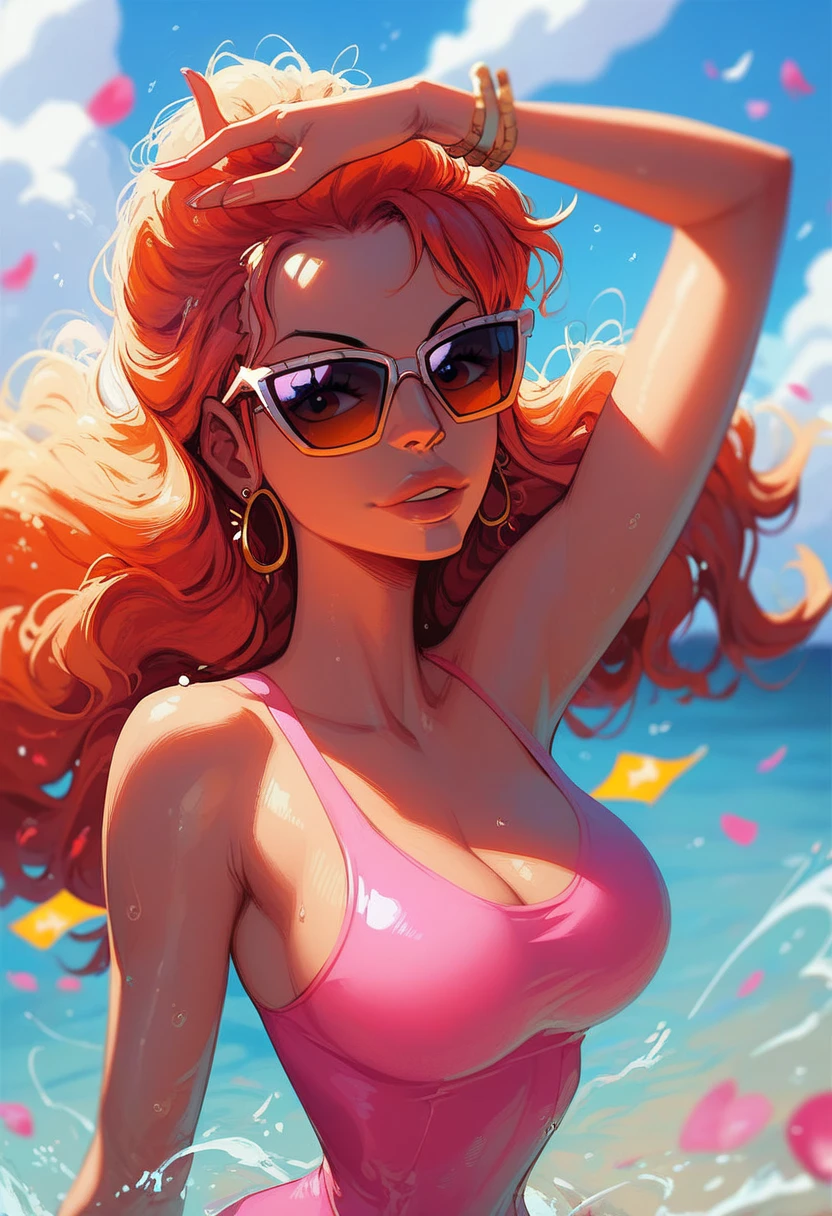 score_9, score_8_up, score_7_up, score_6_up, score_5_up, score_4_up, ((low depth of field)), , (beautiful landscape), BREAK woman sitting in a pool, 1girl, MILF, dark-skinned female, large breasts, brown eyes, brown hair, wavy hair, hair over one eye, hoop earrings, bikini, looking at viewer, gentle smile, dramatic lighting, warm lighting.
