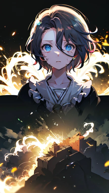 1 menino，magi_Aladim，Sozinho em uma cidade deserta, Ele tem cabelo azul curto，with a braid，wear a headscarf，sorridente，A flute pendant hanging around your neck，vestindo um colete azul, A magical explosion can be seen in the background，Super big magic circle，raio，brigando，boca bem fechada，zombar，Soft lighting and detailed environments create an immersive environment，Let your imagination run wild with super details, rosto ultra detalhado, efeitos visuais de alta qualidade, sharp focus, octane rendering, 8K, Ultra HD