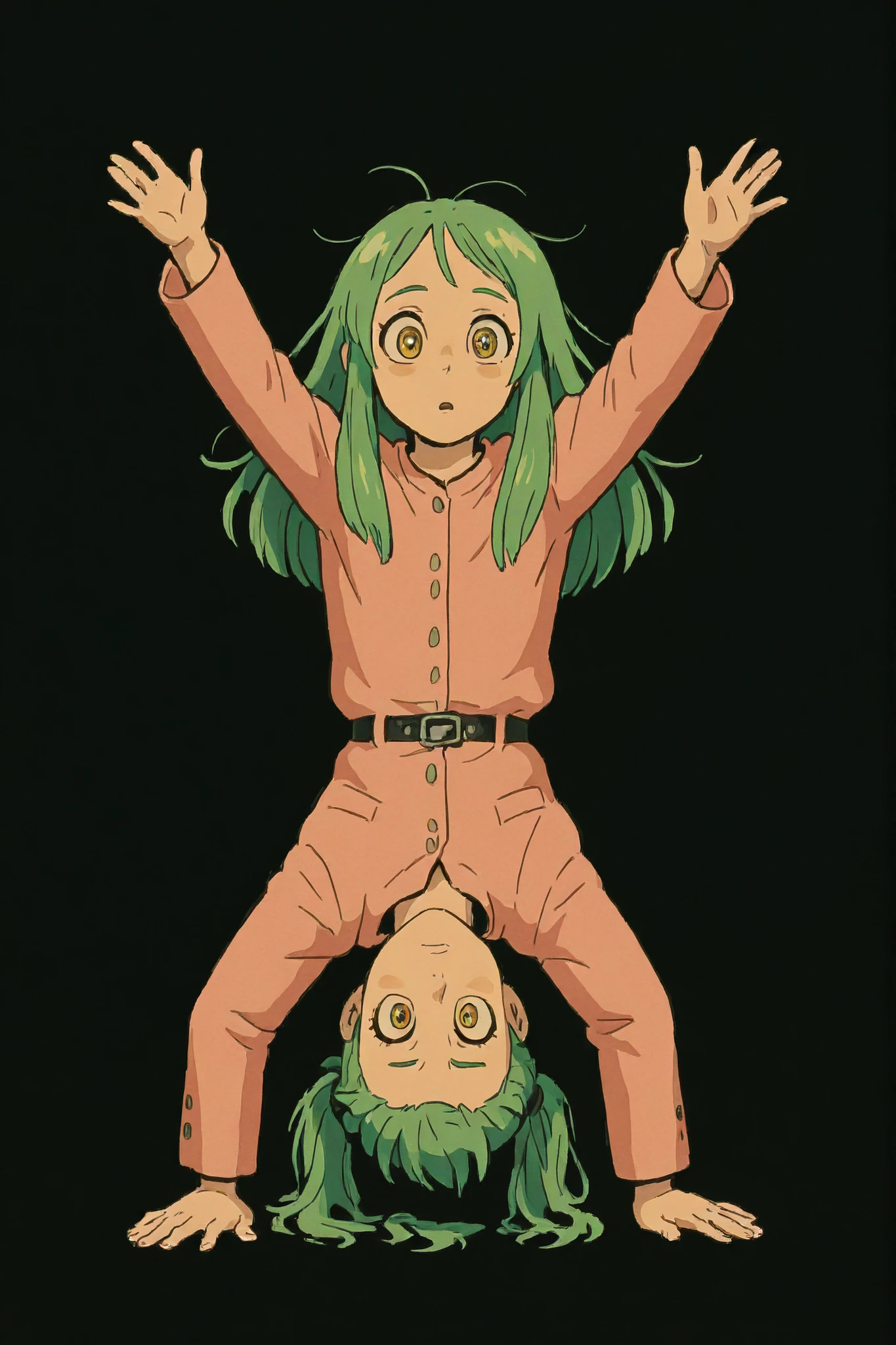 A green-haired character whose hair ends with big eyes, are green, black, red and yellow, the white part of the eye is half gondosed, , he wears a pink suit but he has his back to the screen looking at the screen, right with his head turned upside down and he makes your hand on his ass Big and out of the law.