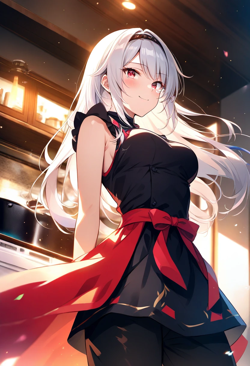 best quality, amazing quality, very aesthetic, absurdres, (1girl, mutsuki, blue archive, solo, red eyes, white hair, side ponytail), (realistic face:0.7),(chinese clothes:1.8),dress lift, (grin, blush, thigh:1.3), (cowboy shot), (glowing eyes:1.1), (half closed eyes:0.9), (from side:2),(from above:0.2), (kitchen), expressive eyes, perfect face, 4k, extremely detailed anime illustration, extremely detailed eyes, perfect anatomy, light rays, extremely delicate body, smooth skin, (school background:1.5), clear eyes, beautiful face, small breasts,(anime style:1.5), (Chiaroscuro:1.5), (highres:2), cinematic