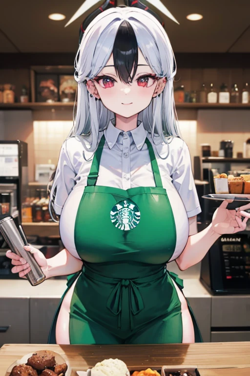 1girl, masterpiece, high quality, in starbucks, in modern coffee shop, green apron, large breasts, blush, naughty, seductive, perky breasts, looking at viewer, cash register, monitor, kyouka uzen, long_hair, 1girl, solo, white_hair, red_eyes, hair_between_eyes, large_breasts, KyoukaUzen, hair ornament