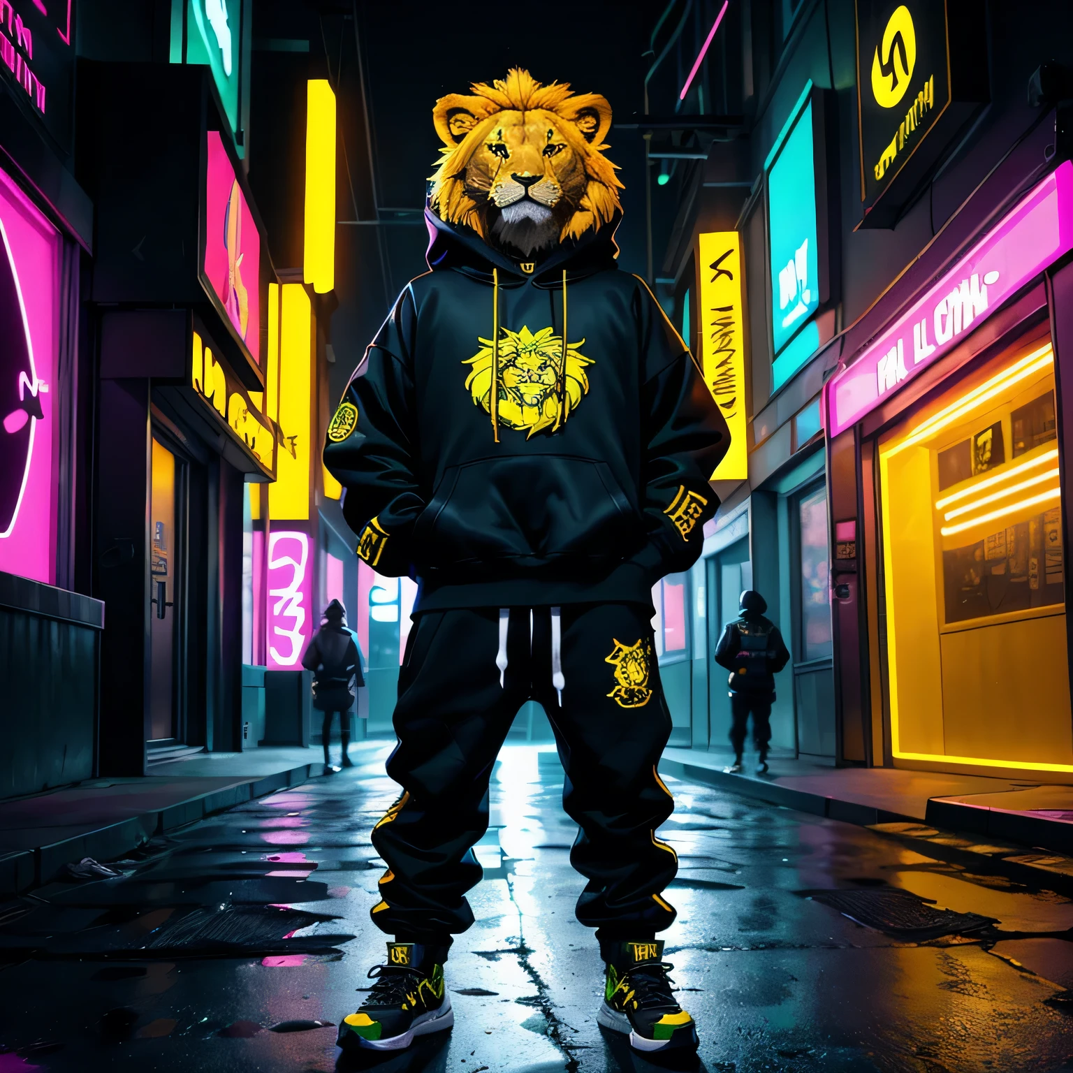 ultra-detailed anthropomorphic lion character, cartoon-style with animal fur covering entire body, standing upright in human body form, wearing streetwear hoodie and sneakers, neon graffiti aesthetic, bold outlines, dark cyberpunk alleyway, moody urban lighting, expressive lion face only — no human face, no human skin, no visible human features, 4k