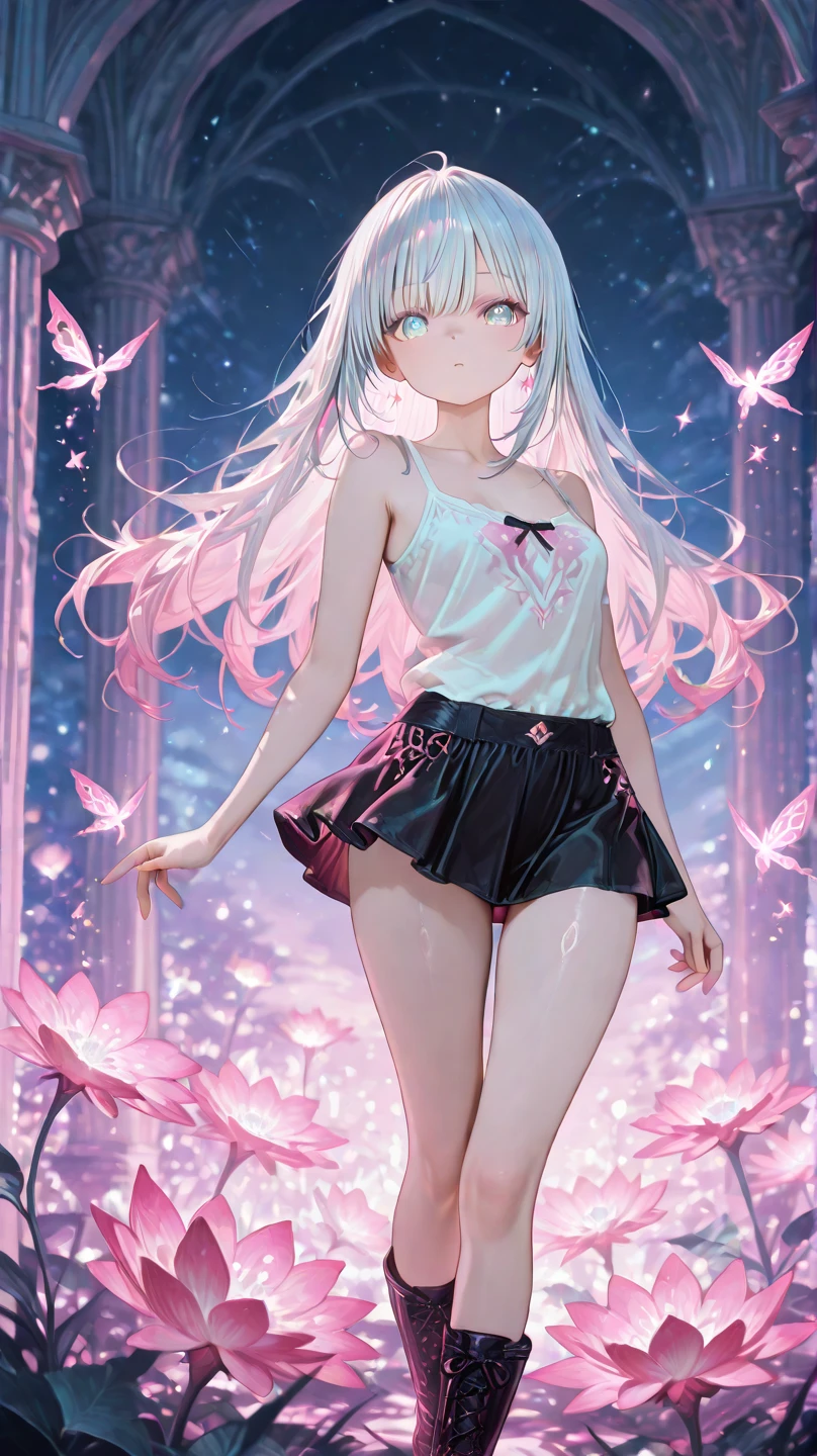 a beautiful girl, looking at a starry sky, in a miniskirt and white stockings.