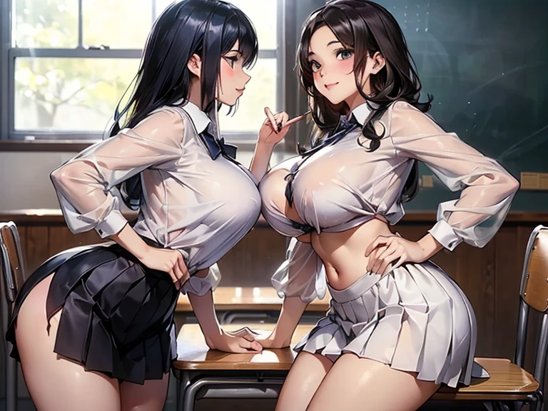 2lady(different hair style and clothes color), ((ultra-quality)), (Bukkake:1.5), (side view), (profile), (from back), (side boob), (side colossal tit:1.5), (nude upper body), (in 8K), (arms behind back:1.5), (arms are down), ultla highres, Hyper Detailed, High contrast, Ultrafine Strike, creative refinement, absurdres, Realistic, extremely detailed CG unified 8k wallpaper, Highly detailed, High-definition raw color photos, professional photography, Realistic portrait, Cinematic Light, Beautiful detailed, 28 years old woman, (realistic skin:1.3), (shiny skin), (Best Quality:1.4), Super Detail, High quality, master piece, lifelike, (After SEX), Bukkake, Perfect face, (cum on chest:1.5), (Bukkake:1.3), (cum on clothes:1.3), (Sharp Focus), (upper body), (close up), Delicate Beautiful Hair and Eyes and Face, Delicate eyes, radiant eyes, Lifelike, Hyper-detailing, (Wearing a dark sailor uniform), (school costume), (dark sailor collar), (black japanese school shirt), (exposed), (pleated skirt), (large areola), (colossal tits:1.8), (big breasts:1.5), (Beautiful breasts:1.5), (exposed breasts), (puffy nipples:1.3), (sexy nipples:1.3), (arms behind back:1.3), Beautiful cute woman, camel-toe details, (NSFW), wet clothes, pale black eyes, (bob cut), (ponytail), (asymmetrical bangs),