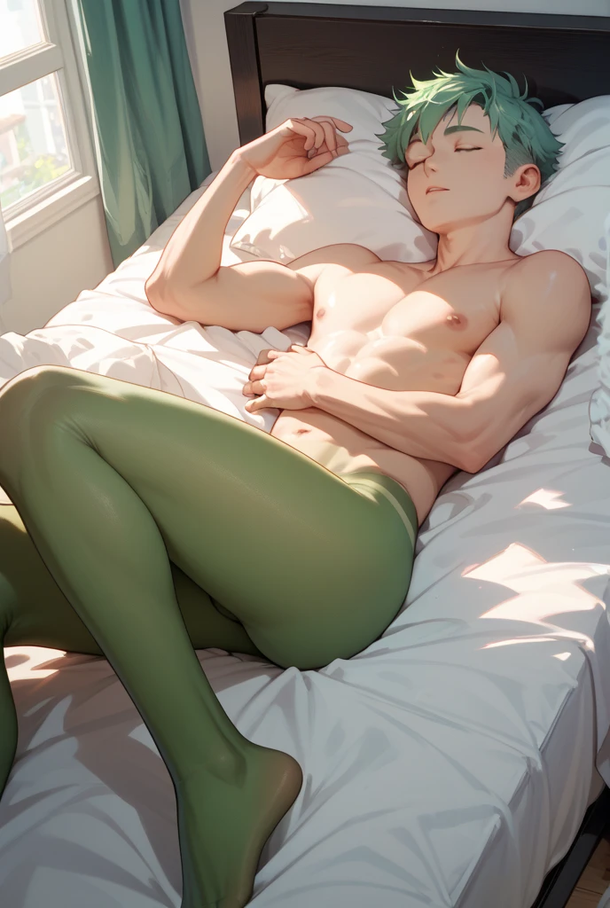 ((Top Quality, 8k, Masterpiece: 1.3)), fit boy laying in bed shirtless, purple bedsheet::1.5, big in transparant white briefs, crew cut, top view(Male Focus), armpit, masculine shape, masculine, rough, raised , huge bulges, sexy, correct anatomy, beard:: hairy chest::1.5 , green hair, light brown eyes, photorealistc, model, Full Body, almost naked, smiling --auto --s2