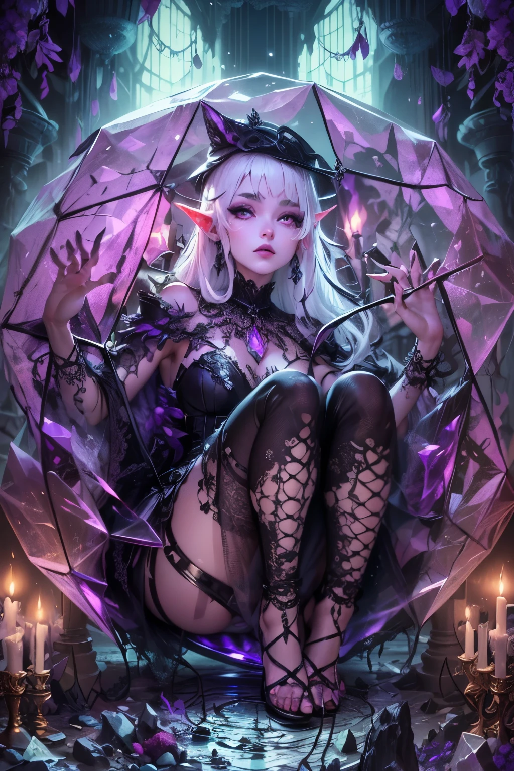 (Ultra-detailed face, Looking Away, Gothic Illustration, Dark Tone Colors. One thumb and four fingers.) , BREAK
(A young female dark elf archaeologist is completely trapped inside one giant purple crystal in the queen's chamber of an ancient crystal ruin. The woman can be seen through the surface of the crystal. The queen's chamber is equipped with a chandelier, a crystal candelabra that glows in various colors. She wears a silk lace-up dress with crimson and jet-black lace and embroidery, sandals.) , BREAK
(The female young dark elf has white hair and white eyebrows, crisp bangs, long wavy hair to her waist, small pink lips, lavender eyes, dark purple skin, and dark eyeliner.)