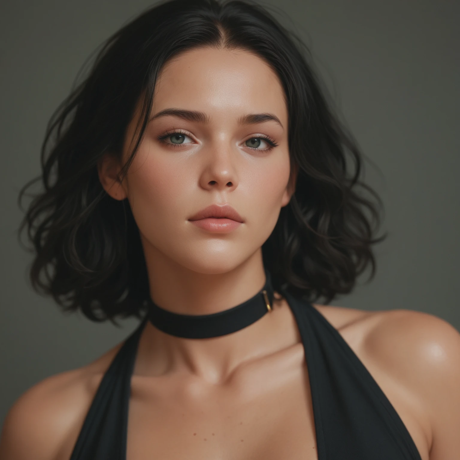a close-up of a woman in a black jacket and a chokehold, ella tiene el black fur, black fur y ojos grandes, black fur oscuro, Charli Bowater, con black fur, dark hair and makeup, furious dark haired women, taken in the late 2010s, dark hair, Evanescencia, dark hair, dark hair, black fur