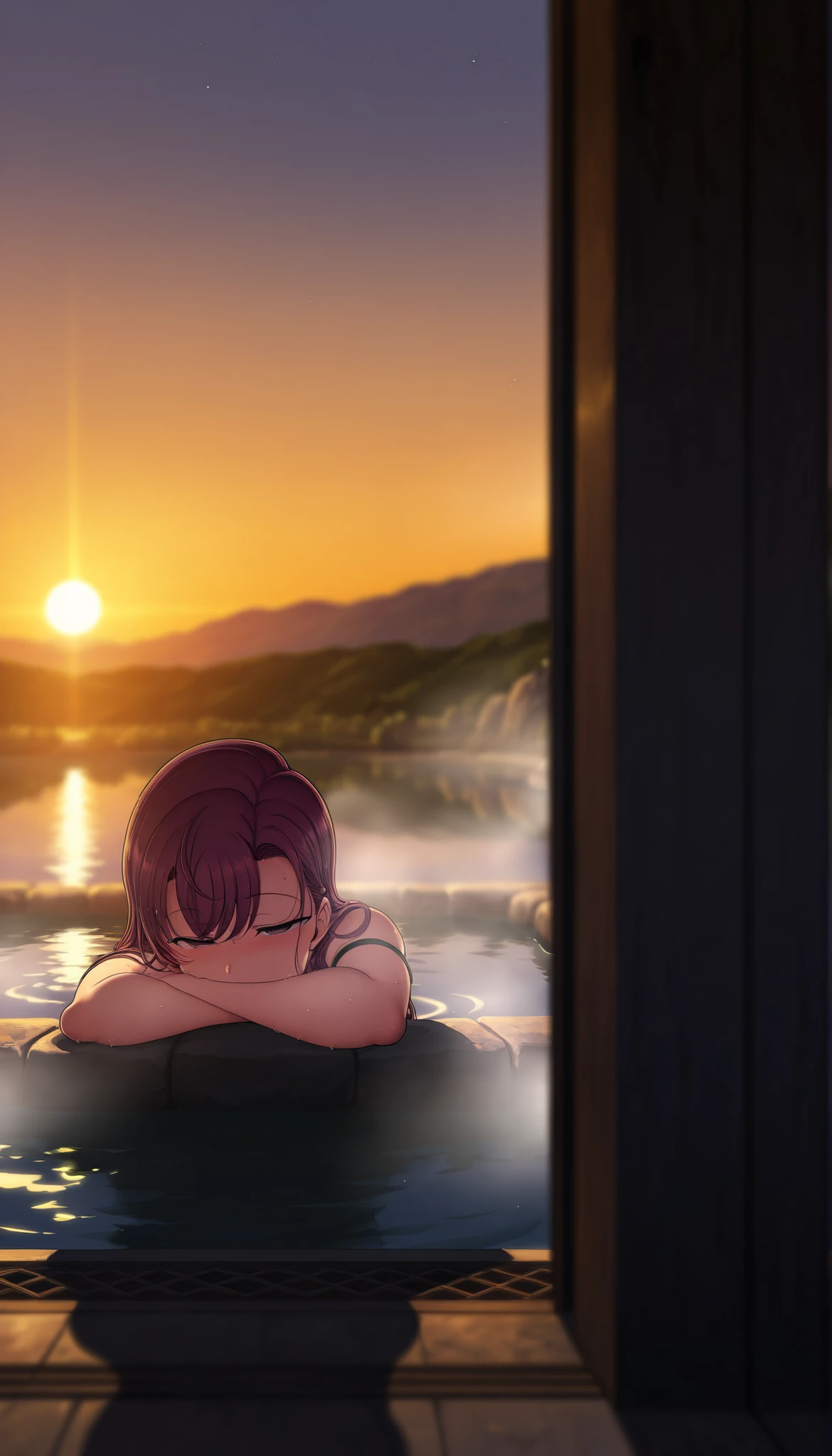masterpiece, best quality, amazing quality, very aesthetic, high resolution, Ultra-detailed, absurdres, newer, landscape,High Definition,Arm Cover, REST, depth of field, volumetric lighting,Aiue Oka,a girl in the hot springs,depth of field, imagen de High Definition, a lot of details,Unidentified giant creature that inhabits Lake Caldera, fiction, fancy.