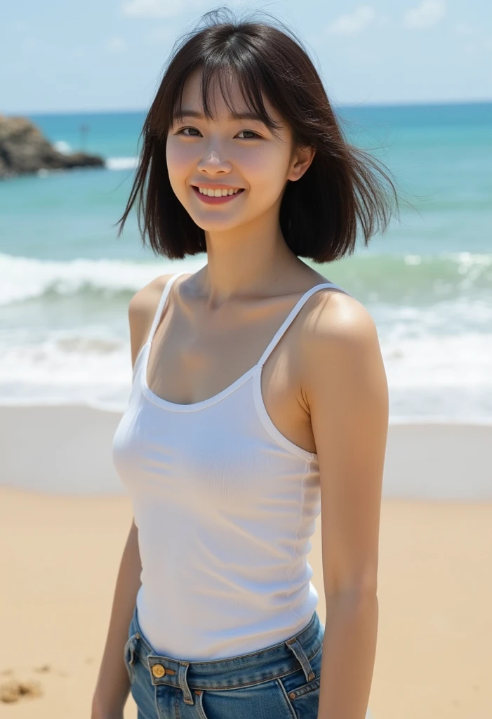 8k, highest quality, masterpiece, super high resolution, (realistic:1.4), RAW Photos, (Film Grain:1.3), One Girl, phòtogravúre of a skinny Japanese woman, 40 years old, running on the beach. She has a cute face and black hair. She is wearing a white blouse on nude, a gray pleated skirt. (Real skin texture:1.3), correct body anatomy, ((detailed face, detailed eyes))