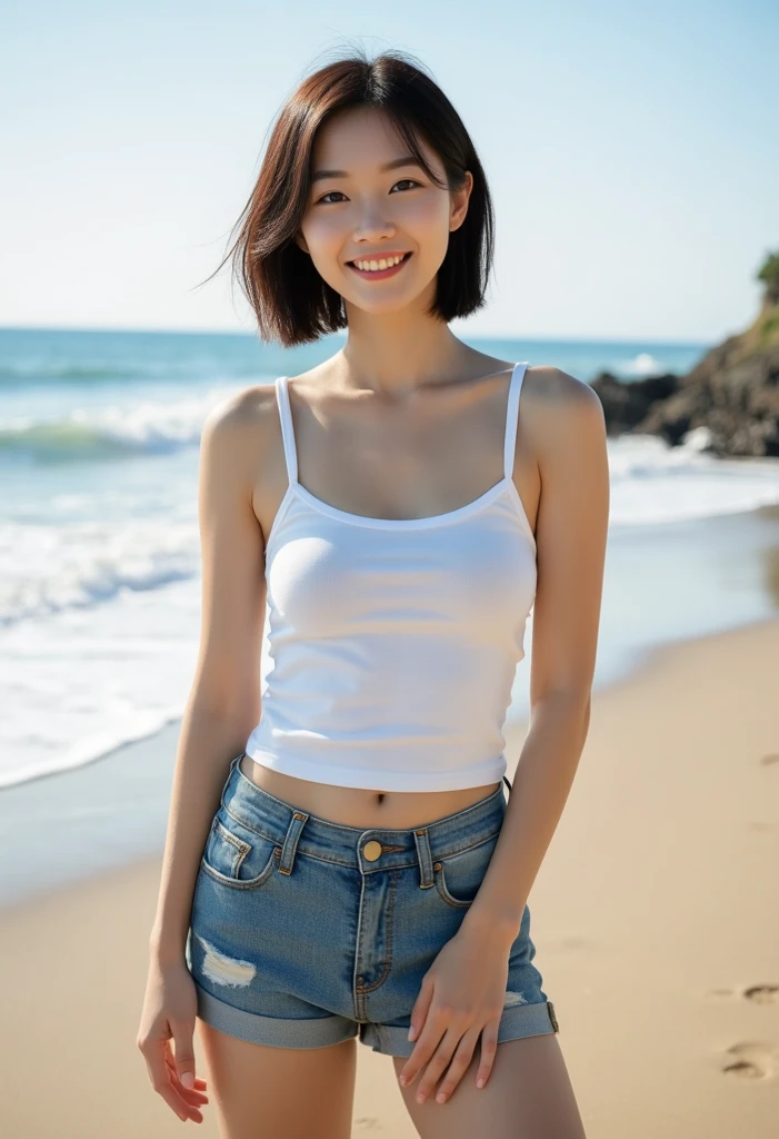 thai girl chubby on the beach short haircut smiling and looking far