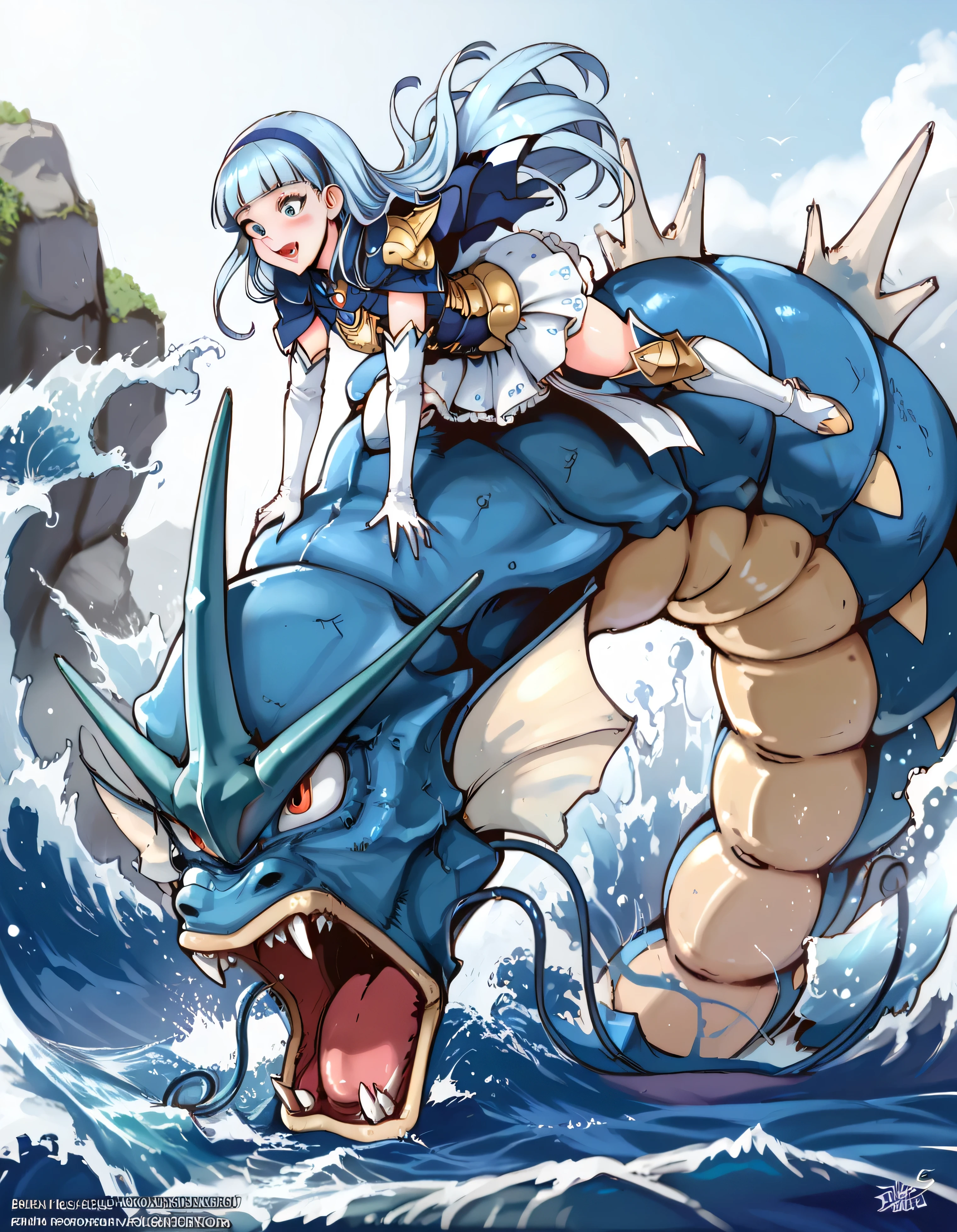 masterpiece, best quality, ultra detailed, hdr, bestiarum, bxsr, 1monster, 1girl, girl riding monster, side view, rising out from water, waves, BREAK, zzGyarados, 1monster, open mouth, fangs, sharp teeth, BREAK, AEUmiFinal, 1girl, blue eyes, blue hair, blunt bangs, long hair, blue hairband, armored dress, blue armor, blue cape, elbow gloves, white gloves, gem, pauldrons, thigh boots, leotard under clothes, showgirl skirt
