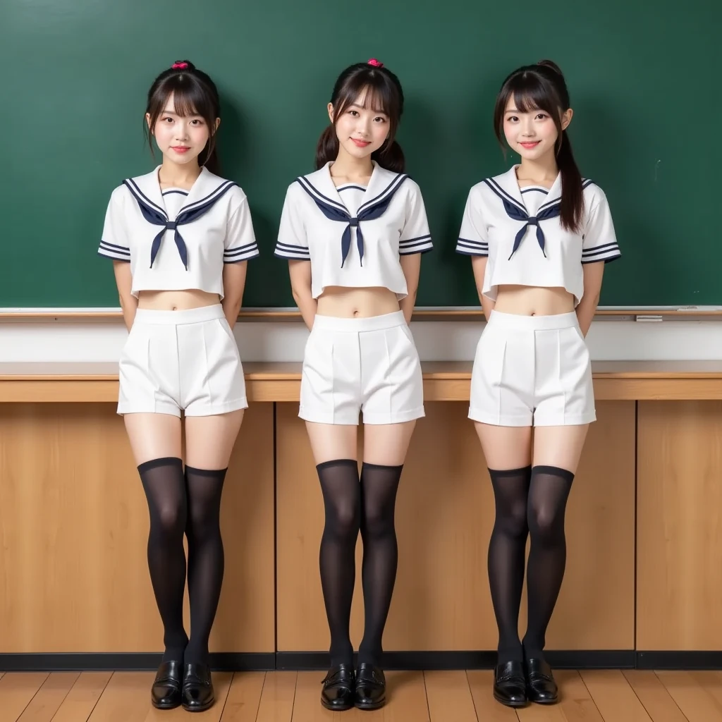 All of them have the same hairstyle as the child on the far right, all face is the same as the child on the far right, boyish but plump body of the third grade of junior high school, boyish on the far right and everyone becomes short hair, the skirt is raised as much as possible to show the bloomers inside, transcendent boyish and transcendent short hair, the child on the far right rolls up the skirt and makes it an up skirt, The front skirt is raised up with both hands to show off the Showa black bloomers in the skirt, the middle child sticks out her buttocks and makes it look like the black bloomers can be observed very well from inside the skirt, the middle child sticks her buttocks backwards forward from inside the skirt to show off the line of black bloomers, The child on the left is a short-haired short boyish with bigger breasts and a bra that sticks to the white sailor uniform e of black satin material to emphasize the line of the, and the main face and hairstyle is the child on the left,