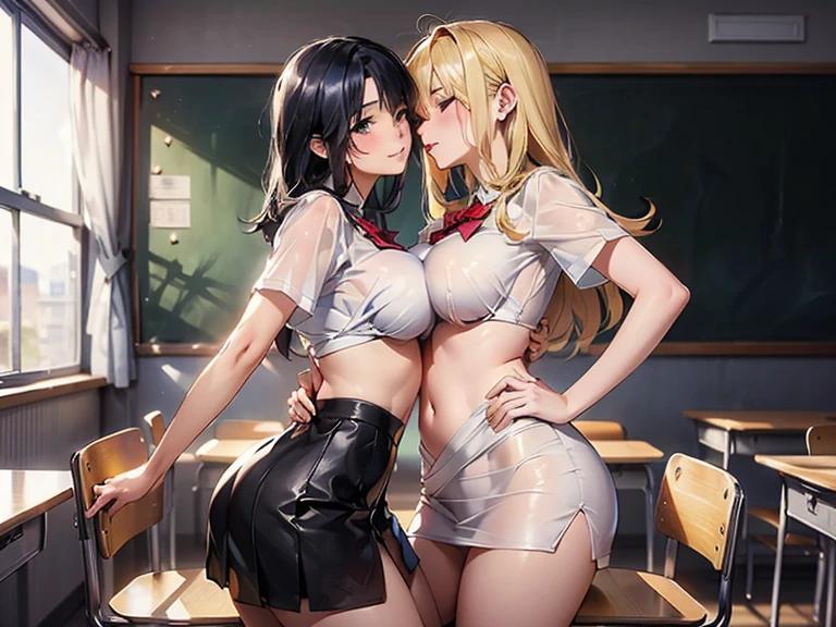 (masterpiece, Best Quality), 2 girls, hug, rubio, , SIZE DIFFERENCE, ((short tight skirt)) ((pleated skirt)) ((high school girls)) ((upskirt)) (bare belly) ((Nipples)) ((seductive look)) ((waist and big ass)) ((detailed body)) ((shiny skin)) ((cute and tender)) ((both staring at each other)) ((both with their mouths open and tongue out)) ((cum on face and mouth)) ((semen)) ((salivated)) ((wet)) ((Ahegao)) ((long white socks)) ((sneakers) ((laces)) ((classroom)) ((school)) ((touching down the other)) ((touching)) ((touching the other))