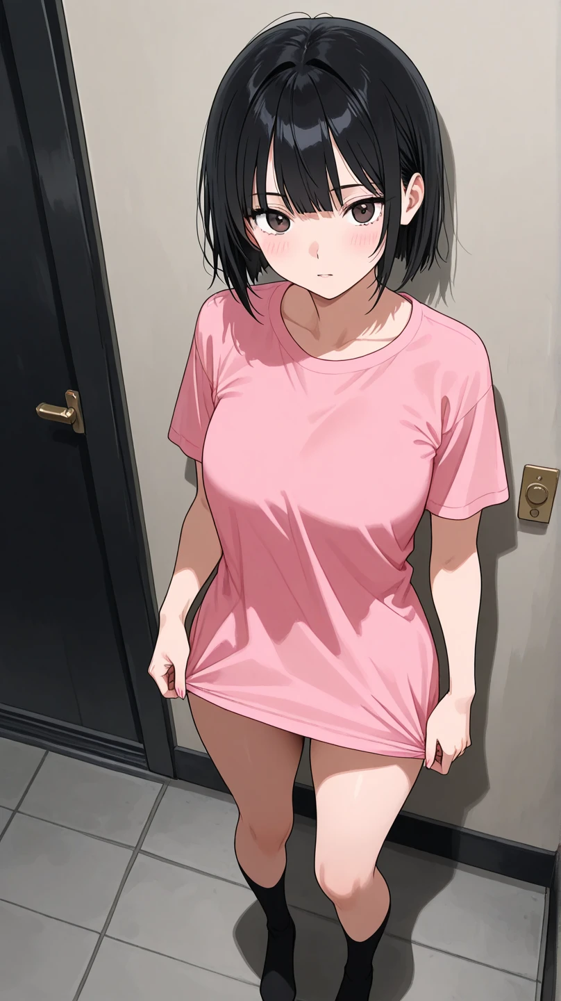 Detailed One Woman, blush, Sweat Embarrassed Smile, short hair, Black Hair, Flat Chest 8k, Very detailed, 16K, (), City Walking Black Eyes Pink Polo Shirt Short Sleeves Looking Down Showing Pantite panties, rib