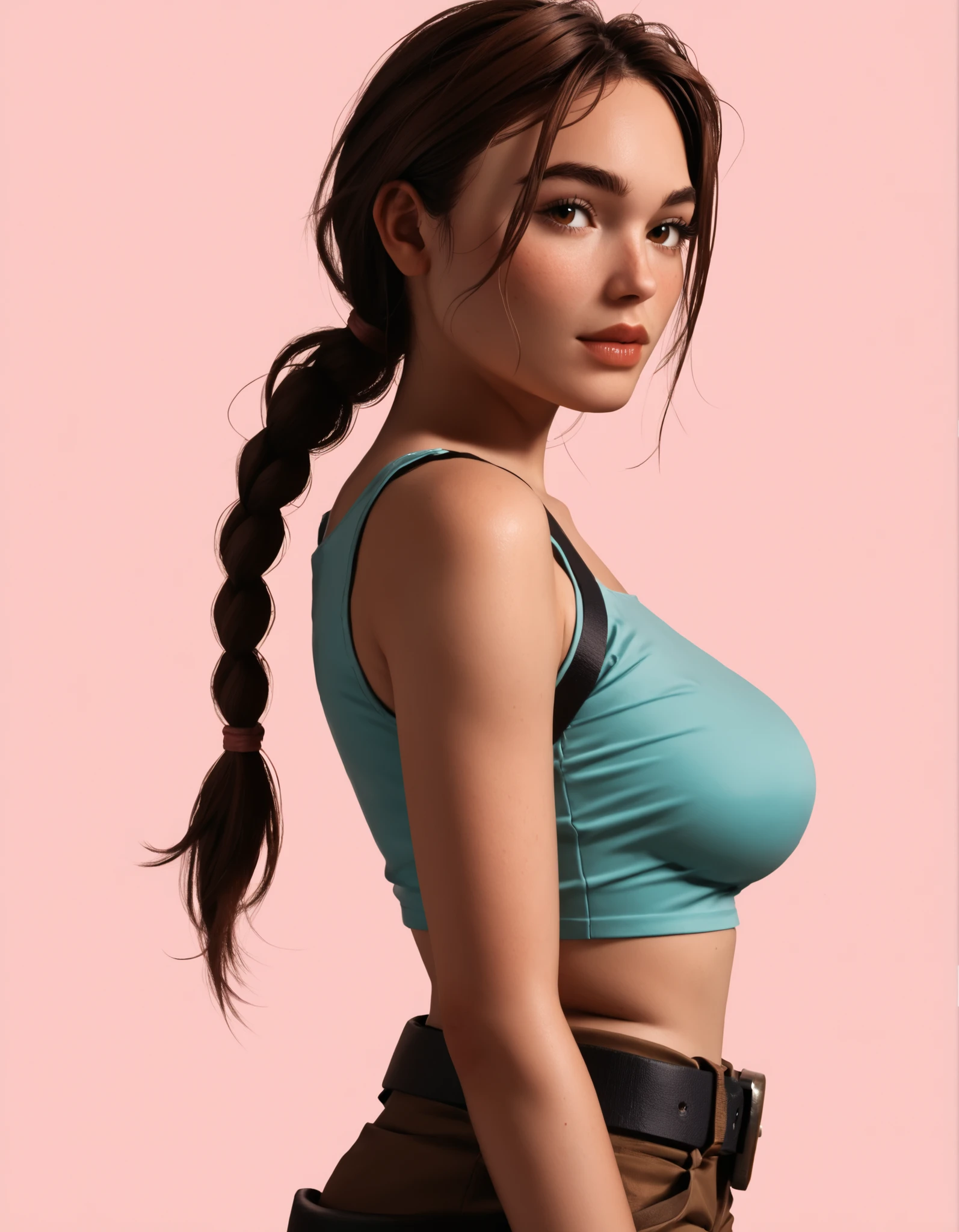 A highly detailed and stylized digital illustration of the athletic and beautiful adventurer Lara Croft, making a sexy pose with a flirty expression, wearing a teal ((low-cut)) (crop top), brown tactical shorts, black thigh holsters, black fingerless gloves and black utility belt, long brown braided hair, hazel eyes, light pink background, (side view), upper body illustration.