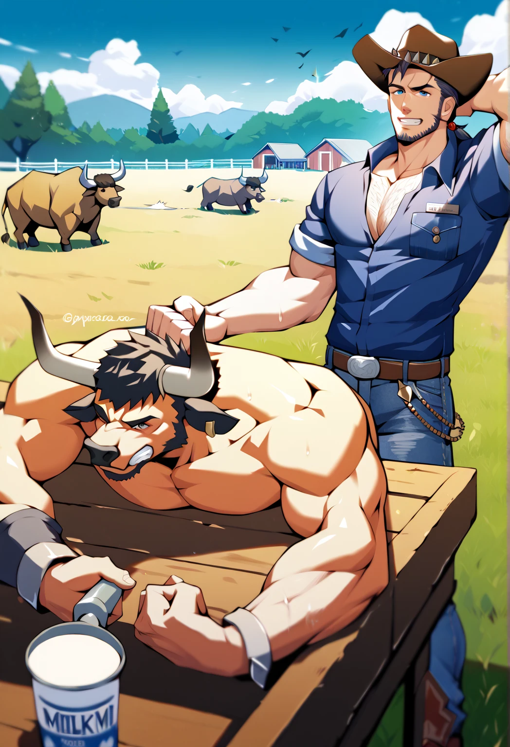 solo male, by kihu, masterpiece, high quality, male brown wolf ,slim athletic, hairy, pubic hair, yellow eyes, no abs, on ranch, barn, sunrise, standing, correct anatomy, big pecs, necklace, (white, tight casual clothing:1.5), ,(cowboy hat, rancher pants, cowboy boots:1.3), (sheath, big balls, big knotted penis:1.3), (hands holding big knotted penis:1.3),dynamic view, dynamic pose, hairy armpit, half body view, close up view, (short pants, pants down:1.3), cum, close up knotted penis view, cum dripping