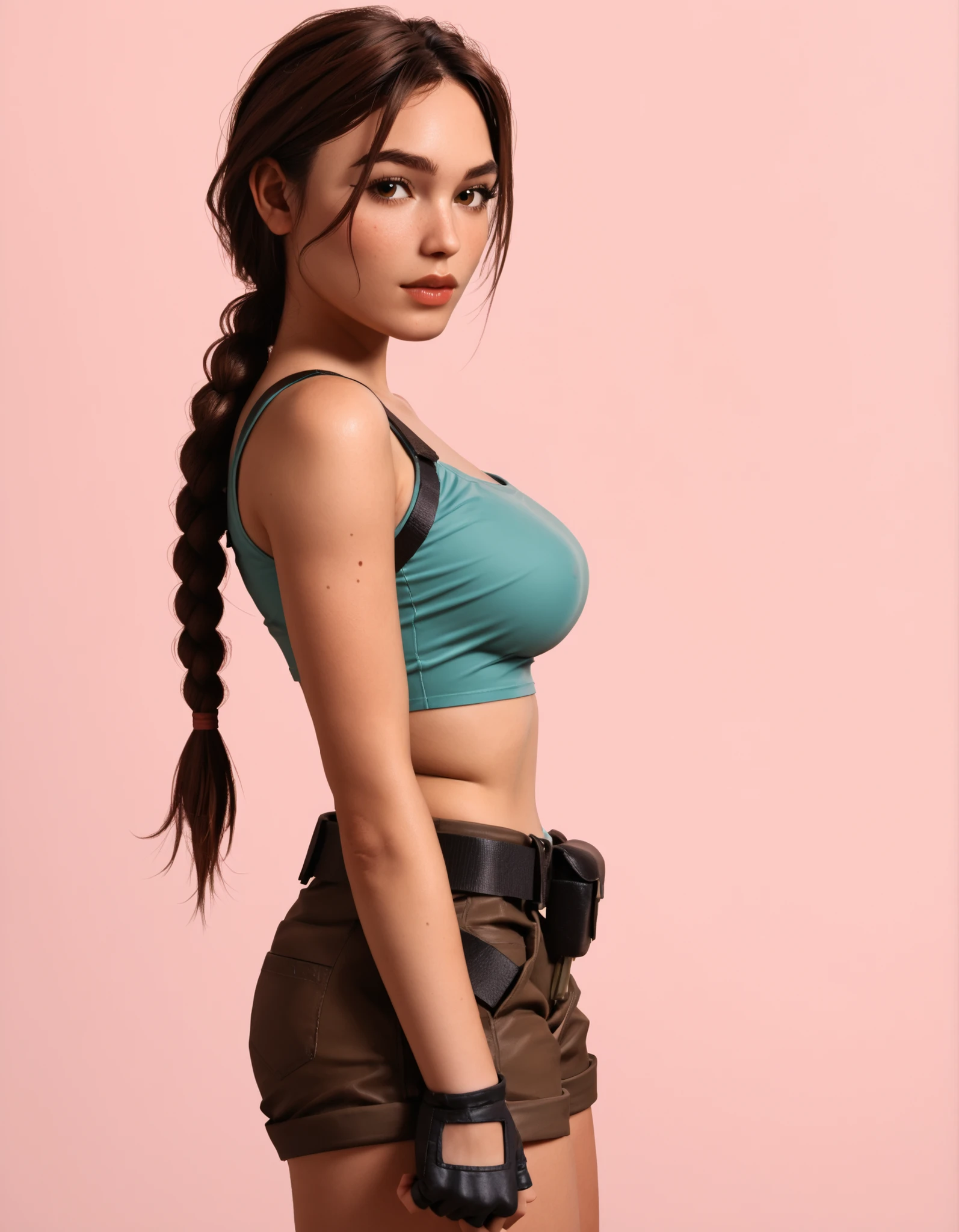 A highly detailed and stylized digital illustration of the athletic and beautiful adventurer Lara Croft, making a sexy pose with a flirty expression, wearing a teal ((low-cut)) (crop top), brown tactical shorts, black thigh holsters, black fingerless gloves and black utility belt, long brown braided hair, hazel eyes, light pink background, (side view), upper body illustration.