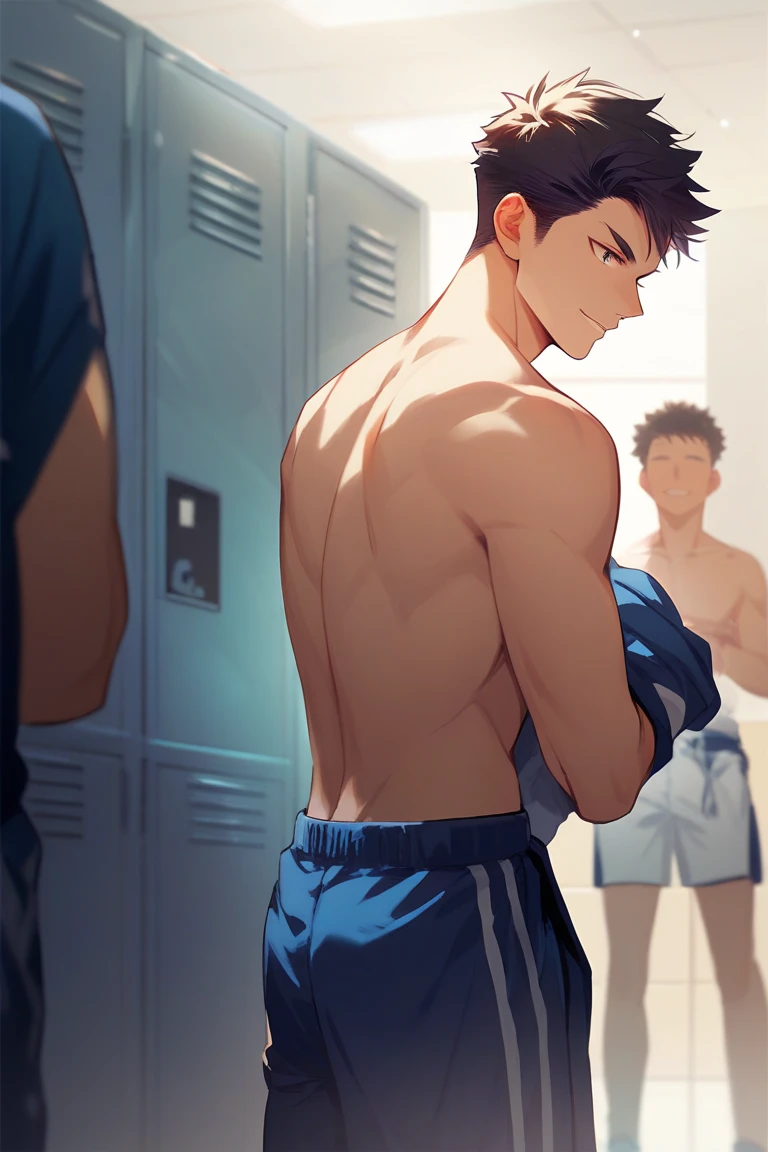 two shirtless, super muscular, sweat-drenched body, dripping with sweat, 22-year old short black hair handsome caucasian male wearing sweat-drenched white boxing shorts, boxing boots, panting, very exhausted, drenched with sweat, sweating profusely, shirtless, sitting on the bench, bottled water, towel, in the locker room