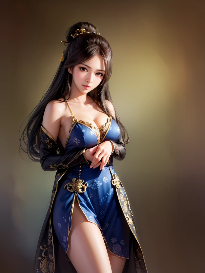 ultra high resolution、super high quality、8k、Detailed details、great expression、1 female、Tall and slender woman、small breasts、long brown curly hair、Blue see-through dress with luxurious hair ornaments、luxury hotel dance party background、