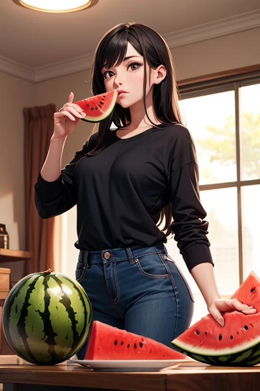 best quality, masterpiece, highres, detailed, perfect anatomy, <lora:Detail - add_detail:0.2>, <lyco:Action - EatingWM:0.8>, EatingWM, watermelon, holding watermelon, beach, <lora:Character - Lauren_OiaL:0.8>, Lauren_OiAL, student uniform, serafuku, black hair, large breasts, grey eyes, dining room,