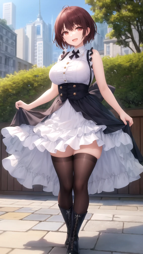 Hi-Res、​masterpiece、Chizuru Ichinose、Brown hair、Soio、Female one、Sunlight、Angle from below、Colorful underwear pattern、细致背景、A detailed eye、（（Brown-eyed））,Beautiful and perfect legs,