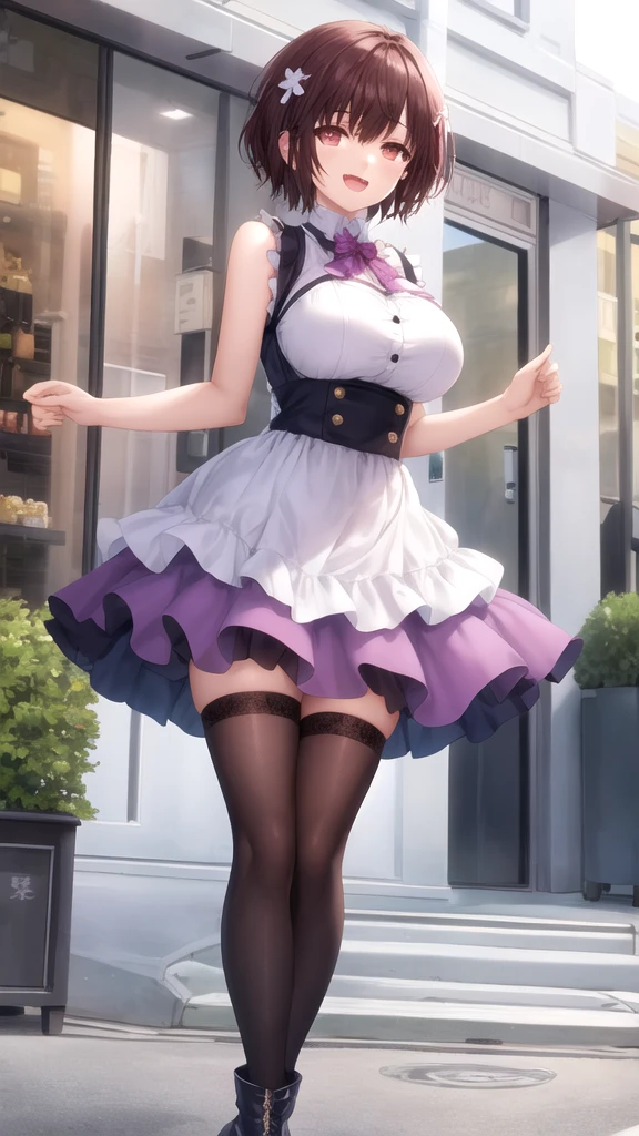 (((masterpiece, Highest quality, High resolution, 超High resolution, Perfect Pixel, Depth of written boundary, 4K, RTTX 10.0))), Beautiful Anime Woman, Beautiful art style, Anime characters, ((Smooth texture, Realistic texture, Anime CG Style)), Perfect and accurate finger count、Exact number of legs、(Exact number of arms:1.0, Exact number of hands:1.0), (Perfect hands, Perfect Anatomy), Cinematic, Realistic, Extremely detailed CG, Daytime lighting, Perfect lighting, Best Shadow, The best natural light, whole body, Perfect body, バランのとれたPerfect body, Perfectly balanced style, Soft body, Slender body, ((bangs, Dark brown hair, Twin tails, High Up)), ((A cute adult woman is walking towards me:1.8)), ((Bow tie around neck:1.3), (Sexy and cute purple underwear:1.3), (Stylish shiny purple satin panties, Side-tie panties, The panties are plain purple in the center with lace decoration on the sides., Thin panties:1.4), (Purple micro lace satin bra, Purple bra with large lace trim around the edges, Thin bra:1.4), (lace garter belt, Garter Strings, Knee socks:1.3):1.3), (Beautiful big boobs:1.1), (Embarrassed expression:1.7), blush, (supermarket, Merchandise Shed, aisle, Many visitors in the background, Inside the crowded store:1.7), naked, In underwear, (Frilly maid headband:1.2), Angle from the front