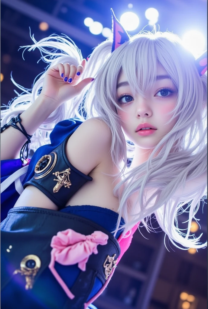 28 years old, Close-up portrait of a woman in a colorful clown costume、Shoulders out、thin、Serious expression、Short-haired、Deadly position, Gorgeous Necklace, Light milky porcelain skin, Smooth, Translucent white skin, Enchanting anime girl, Beautiful and seductive anime woman, Ultra realistic sweet bunny girl, Pale porcelain white skin, Smooth, Realistic and perfect body, Anime Girl Cosplay, Perfect body with realistic shadows, Switzerland'masterpiece