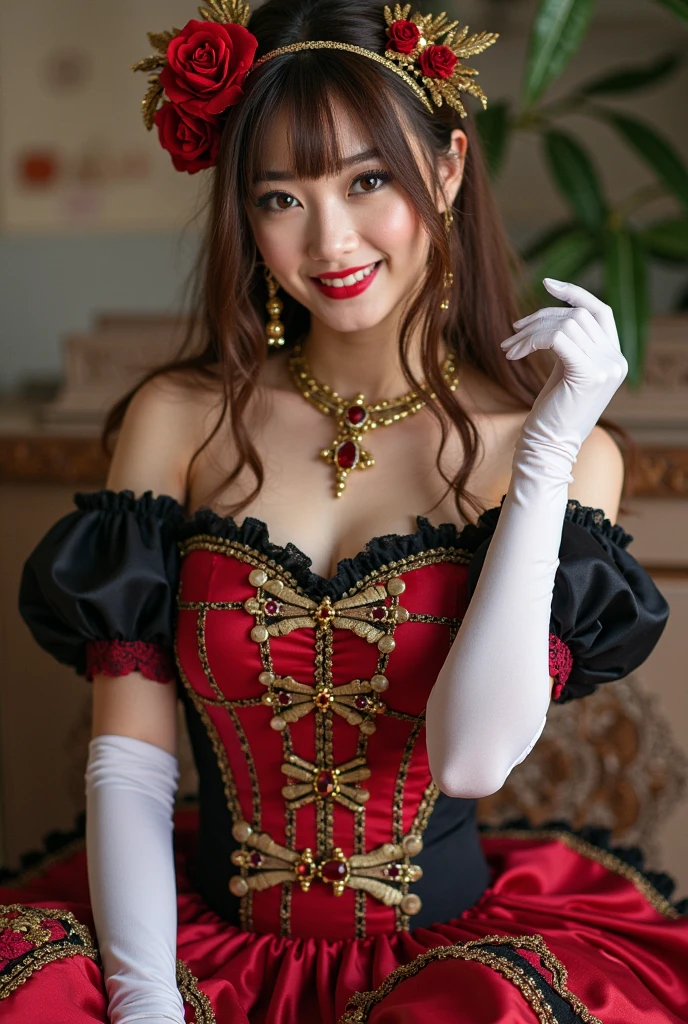 highest quality, masterpiece, 8k、Glossy skin、attention to detail, realistic, 1 girl、super big breasts、My chest is about to burst、 beautiful hands, sexy, whole body, Blissful smile、red leather fitted dress、cleavage:2.8