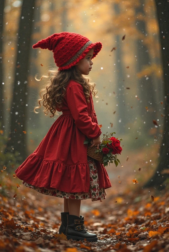 Short, Blonde girl with pigtails, a red dress with clovers on it, red eyes, a witches hat, with a pouch on her page