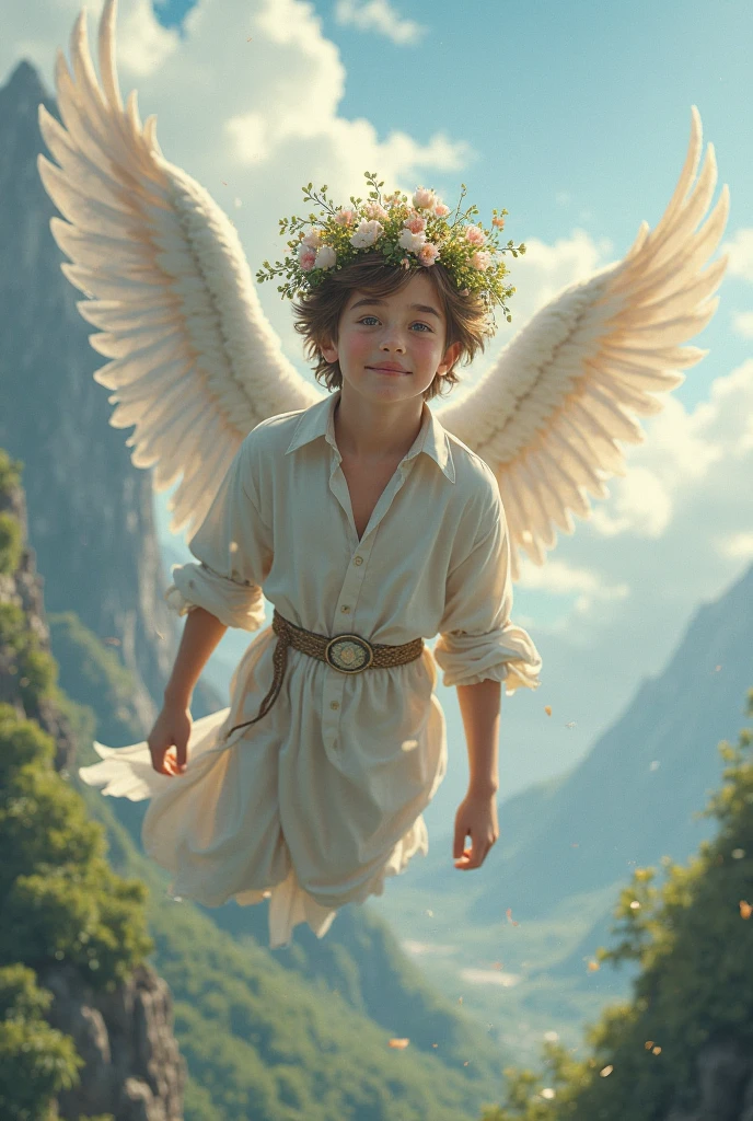 a silly old angel, flower garden, children, mischievous, playful, whimsical, detailed fantasy, vibrant colors, lush foliage, warm lighting, magical realism, intricate details, photorealistic, 8k, best quality, masterpiece