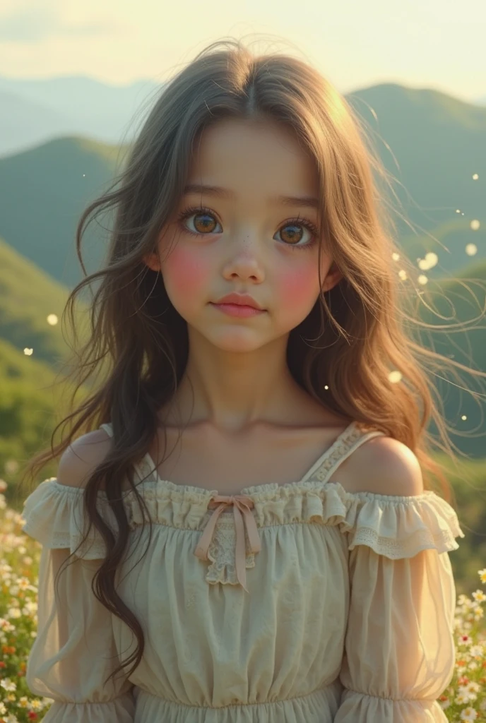 best qualityer, Facial Focus, smooth light, ultra high resolution, (photorrealistic:1.4), CRU photo, 1 Brazilian girl, standing alone, cute, (schoolboy, lights in the eyes), detailed gorgeous face, (smallbreast),(high resolution detail of human skin texture), (long hair), hinterland, Damask Shirt Dress, (portraite)