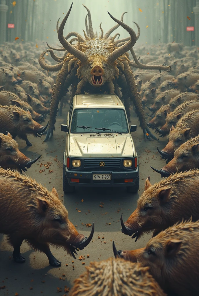 Giant dog malnourished, the size of a whale, dead and bloody laying in the middle of the road. There are people around looking. Realistic style