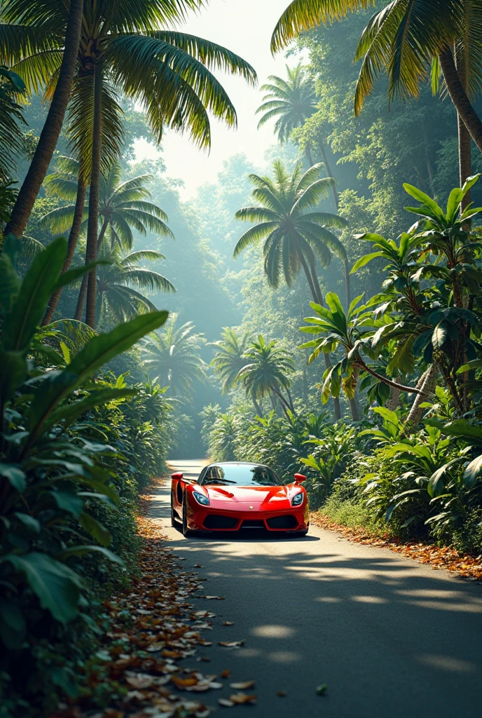 in the rain forest there a beutifull lady with big big ass her have elf ears and using modern sun glass and her make pose near tree with cool car