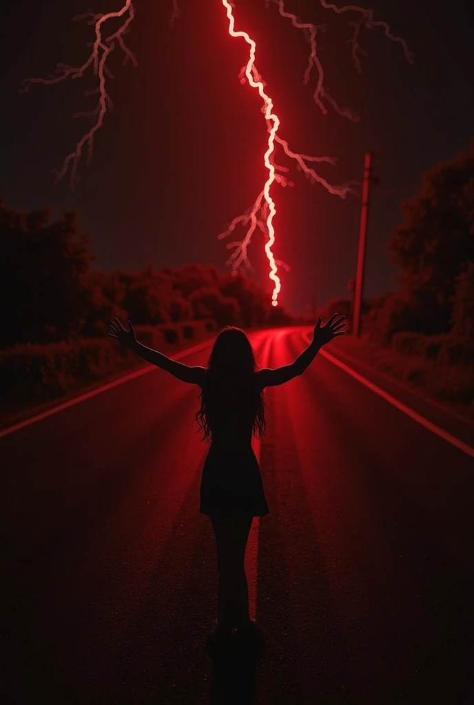redheaded woman being abducted by a red sky in the middle of a storm and lightning in the sky