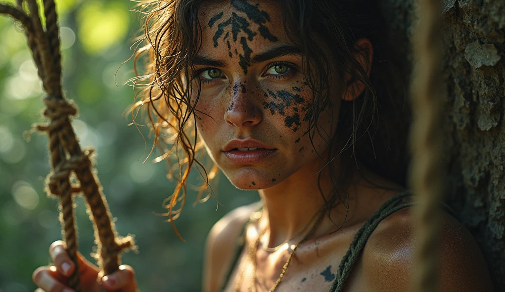 (Realistic:1.5), photo shot on Nikon D850, 16k, full body shot, masterpiece, Detailed, breathtaking, atmospheric perspective, diffusion, lifelike skin texture, 80mm Sigma f2, depth of field, film grain, (((high resolution))), (((extremely detailed))), (beautiful naked woman in prehistoric jungle), dramatic shadows, (cinematic light:1.1), (cute sexy:0.8), (freckles:0.3), detailed intricate eyes, Pleasure, dirty skin, frightened look, faded colours, depth of field, 35 mm, analog photo style, detailed jungle background, sunset, dramatic dawn, dark atmosphere, messy hair, most small details, (pale skin), hair ornament, random hair color, (wild world)