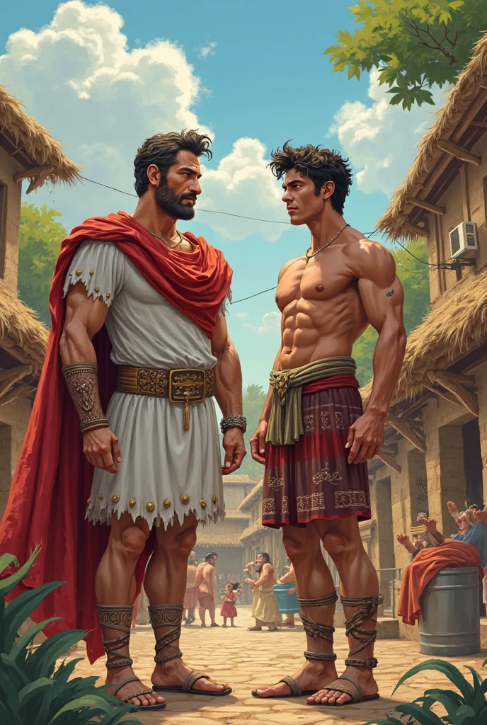 2 men, photorealistic, full body view. A young, handsome, sexy, muscular Caucasian gladiator with shaved brown hair, stubble, and blue eyes, shirtless, with one steel shoulder guard, and loincloth standing next to a young, muscular, handsome Greek man with short dark hair, and green eyes, and stubble, wearing a white toga skirt. They are standing in an ancient temple at night, lit by torchlight.