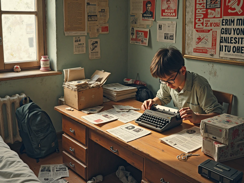 boy typing on old animated typewriter