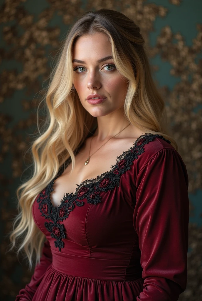 photorealistic, best quality, (hyper detailed: 1.4), (((posing:1.5))), long distance shot, plus size body, blue eyes, blonde hair, Detailed eyes, ((wearing red dress:1.5)). beautiful young woman, (Highly detailed face:1.4), exuding a natural glow, soft lightning, day time, nature view, jaw-dropping beauty, sexy, seductive, vivid colors