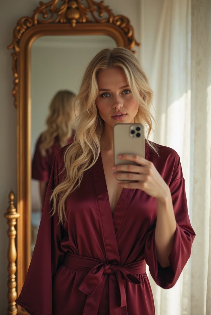 8k, highest quality, ultra details, German girl with long blonde hair and green eyes with slightly thicker lips , happy and relaxed in a black nightgown in front of the mirror at home with mobile phone in hand 