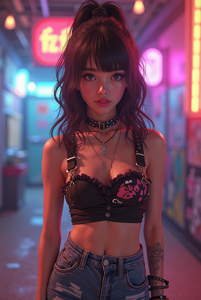 The character costume is KPOP, Hallyu, K-pop anime art style, Hallyu frontline style, Hallyu art style, kpop style, official artwork, Chibi art, Pisif, Blackpink style, cute. KPOP artwork in various poses, The popularity of Pisif art station, lingerie, 16 year old chibi, No watermark, Extra close-fitting mini skirt, open jacket, extra short clear top Strapless, cleavage, style clothing cyberpunk, smallest short short, wide angle, short top, very short,