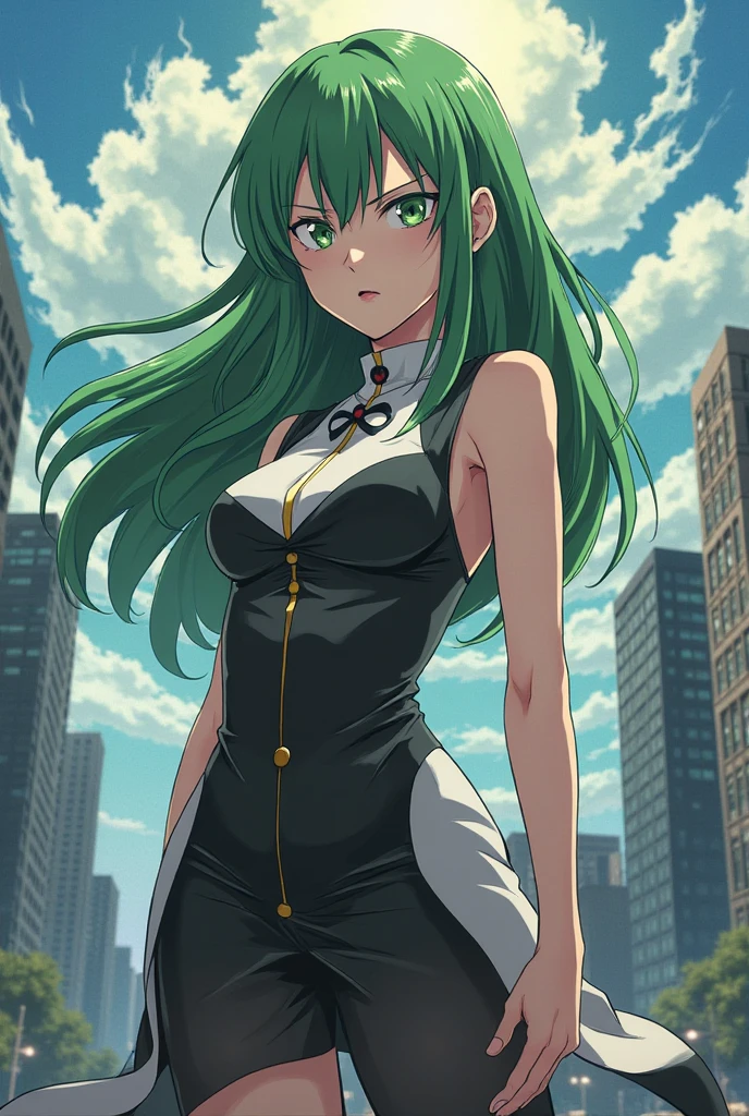 (best quality:1.3), Tsuyu Asui by boku no hero , (looking at the view), busty, cleavage, seductive, sexy, curvy body, ((city)) ,