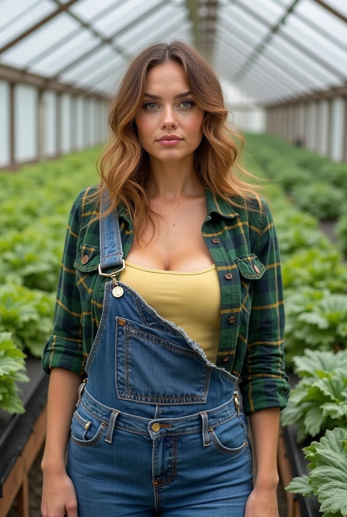 girl with brown hair and light brown skin, wearing pumpkin colored denim overalls and a straw hat in wheat field 
