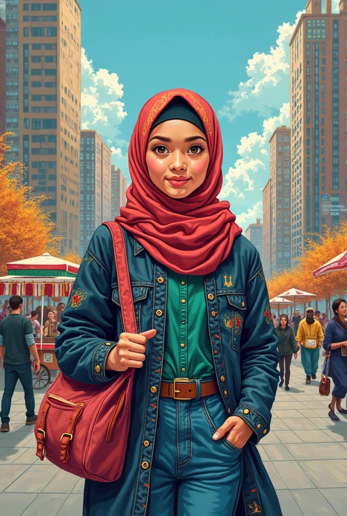A young Nepali woman with a backpack walking through a bustling urban street in Houston, Texas, with skyscrapers in the background.