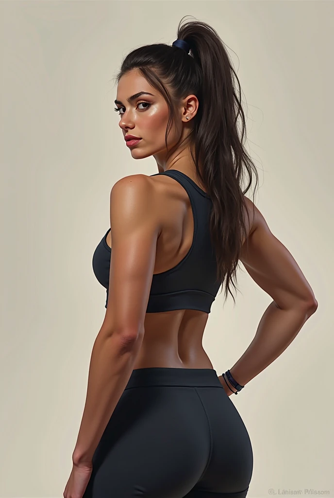 Beautiful girl, sexy, big boobs, thicc thighs, perfect anatomy, long hair, wavy hair, sexy sport bra, tight short hot pants, blush face, shy expression, seducing pose, hand on hips