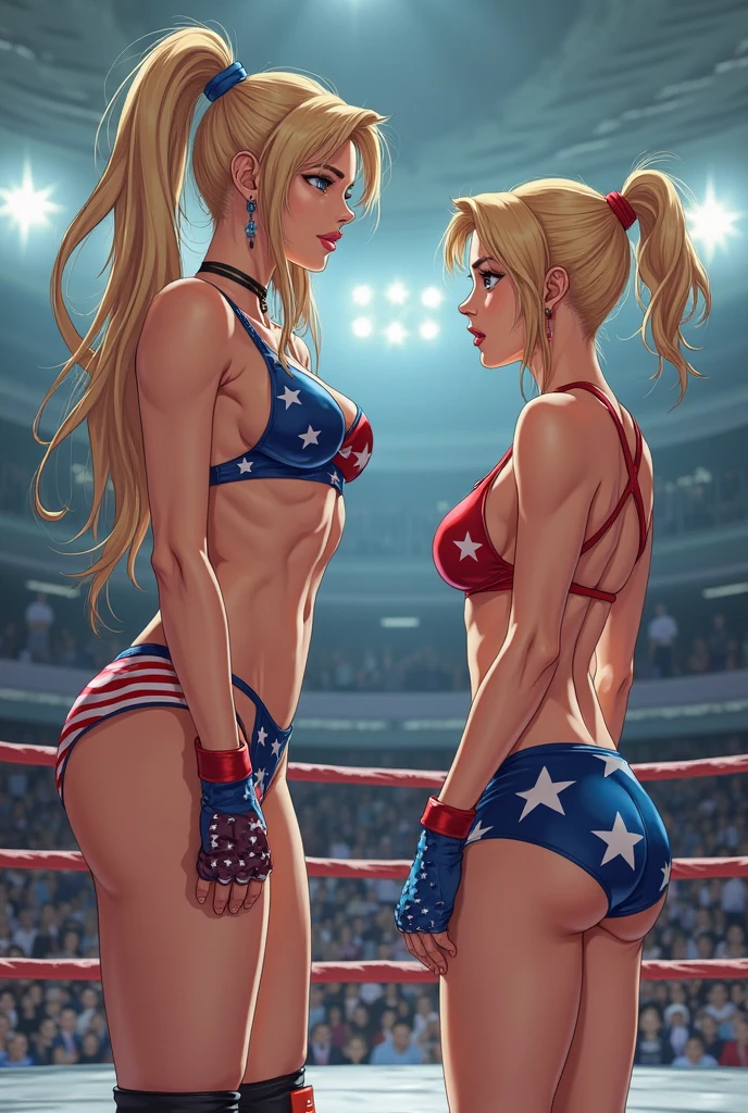 Elsa and Jill Valentine have a faceoff, topless, American flag printed panties and boxing gloves, big , big butt, thick thighs, view from behind