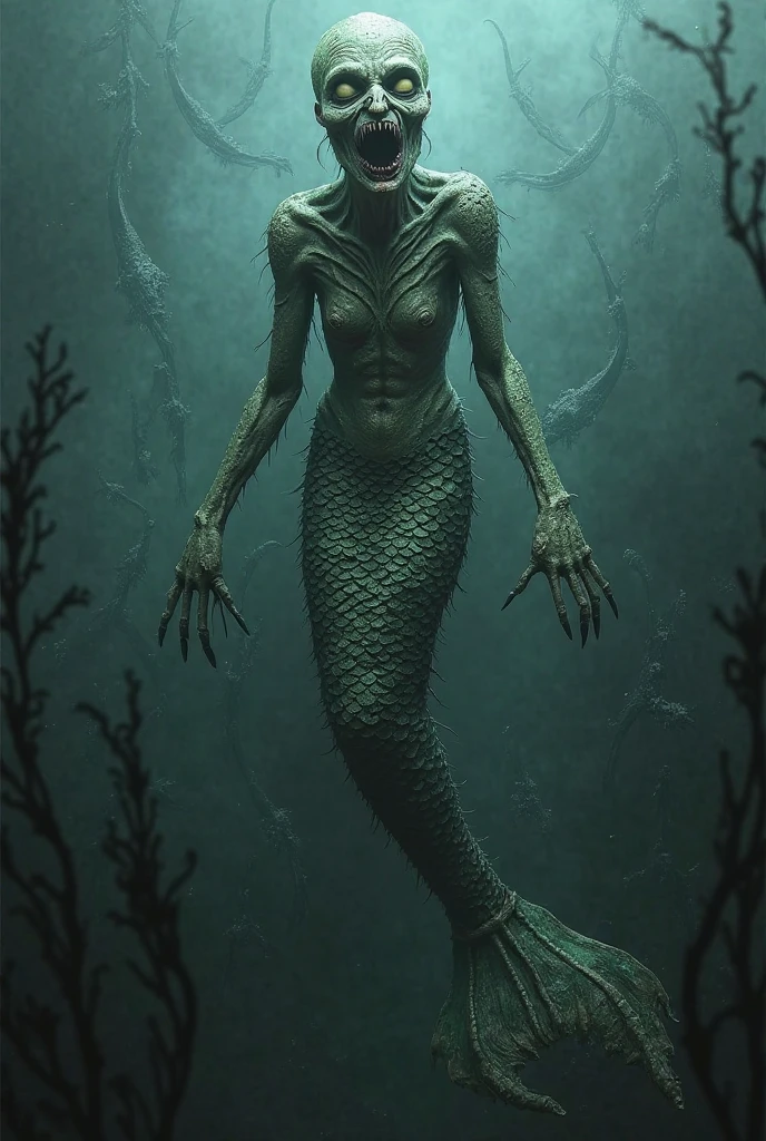 (best quality,4k,8k,highres,masterpiece:1.2), ultra-detailed, photorealistic, a fairy-like mermaid in the midst of transforming into a human, horror style, showcasing anatomical details, high level of detail, portraits, dark and eerie atmosphere, glowing eyes, webbed fingers, scales slowly fading, skeleton structure gradually appearing, slender and graceful figure, long flowing hair, surreal and dreamlike, vibrant colors, intense shadows and highlights, dramatic lighting, murky waters, hauntingly beautiful.