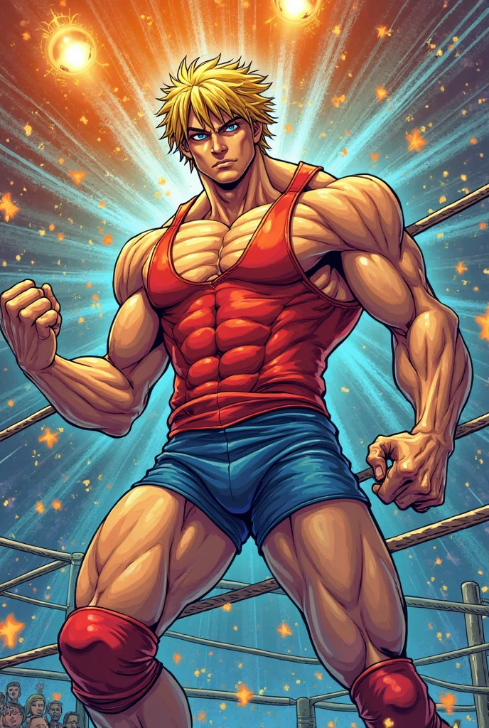 score_9, score_8_up, score_7_up, source_anime, score_6_up, score_5_up, score_4_up, BREAK 1guy, heavy weight muscular, black wrestling brief, solo, topless, blonde, fighting stance, hollywood action, masculine handsome guy, tsurime, sanpaku, blue eyes, spiked hair, nipples, abs, male high ratio body proportions, dramatic expression, dutch angle, on wrestling ring, thick waist, stocky waist, slighty chubby, muscular plump, 1990s, [[[[[cinematic shadows, cinematic lighting, lens flare, light leaks]]]]], VHS Quality