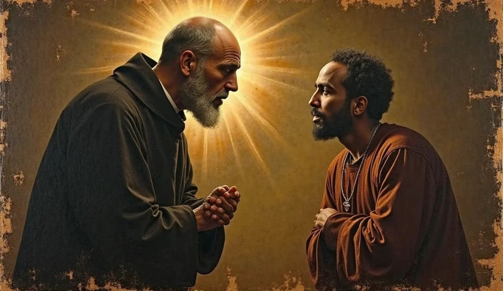 there are two people arguing, (((laurence fishburne))), (((Hugh Laurie))) , (((dressed in biblical times clothes))), black bald man, dressed in white, arguing with evil looking Hugh Laurie, (hugh laurie with white biblical clothes), (Hugh Laurie and laurence fishburne arguing), ((extreme closeup)), (close up)