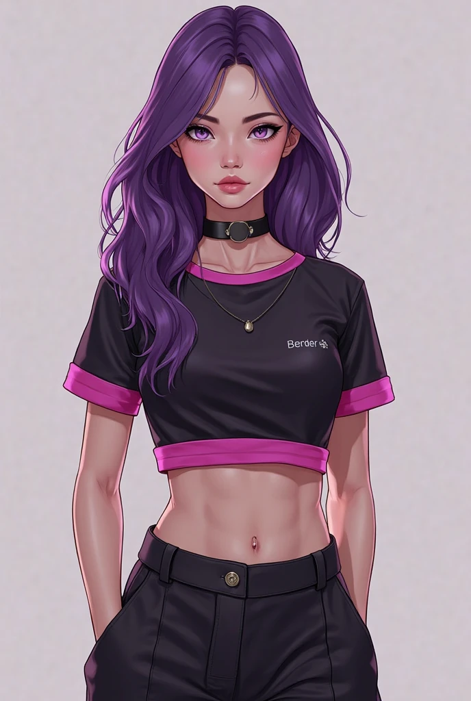 medium length brown wavy hair with purple highlights,olhos azuis,ele usando um moletom rosa escuro,wearing a ripped pair of jeans,her with her arms crossed