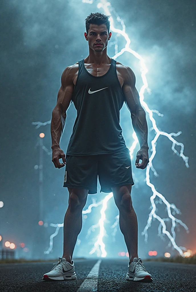 Bishonen anime slim, muscular, hot man, 21 years old, luminous grey iris with weather manipulation powers, wearing white sheer t-shirt, tioght fitted white brief,  white socks and white air force shoes, flying 50 feet above the ground in a stormy sky, with lightning bolts in his hands. he creates a hurricane with his powers in the background, dark clouds and lightning fill the sky